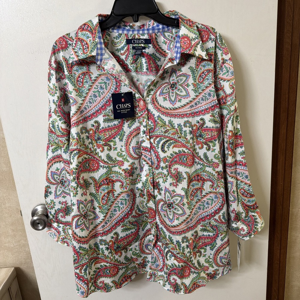 CHAPS No Iron Paisley Floral Button Up Shirt Women 2X 3/4 Sleeve Preppy Classic